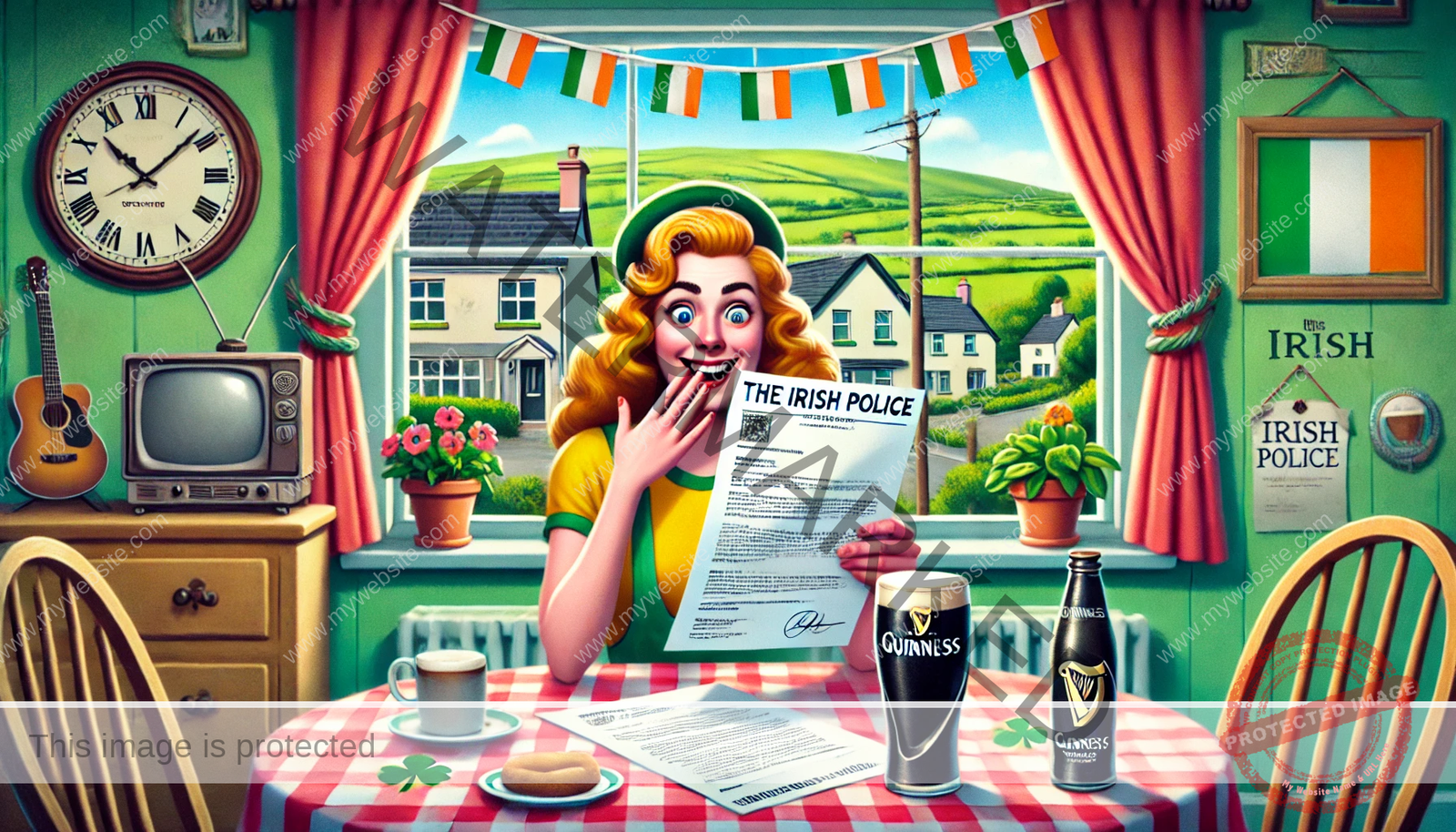 A humorous, colorful, and cartoonish wide-screen illustration of a young American woman sitting at a table in her house. She is holding a letter from the Irish police with a surprised expression. On the table is a pint of Guinness, and outside the window is the lush green Irish countryside. The scene is exaggerated and lively, featuring comedic details like whimsical Irish decor and lighthearted expressions.