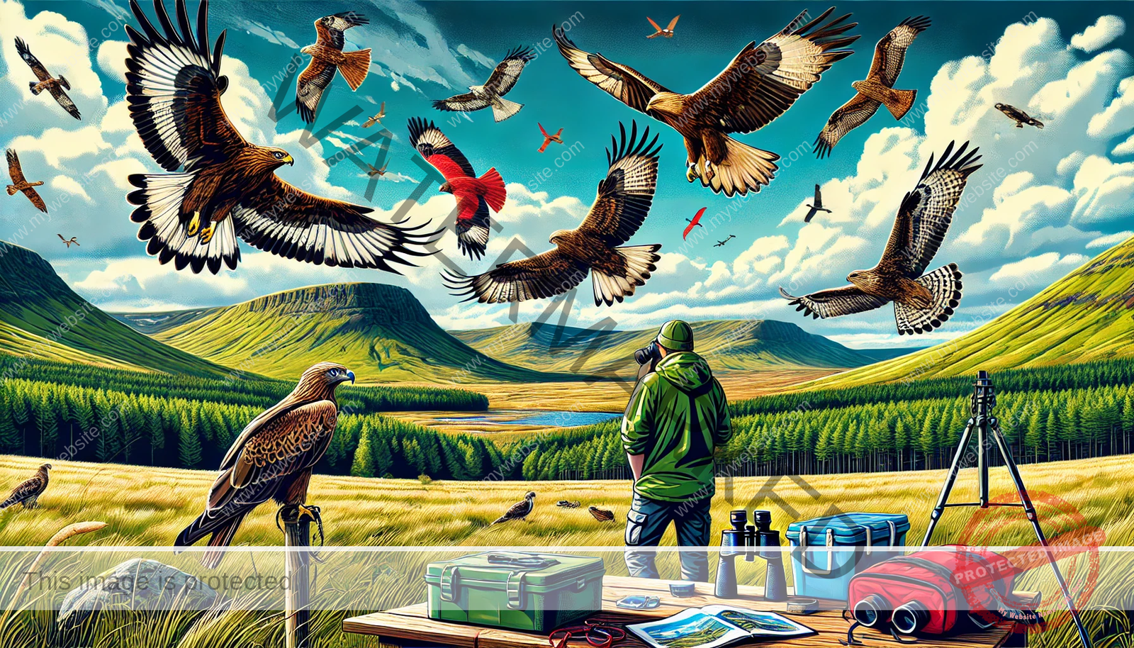 the featured image for the raptor conservation story. It beautifully captures the majestic birds soaring over Scotland’s Cairngorms National Park, with a conservationist observing their triumph.