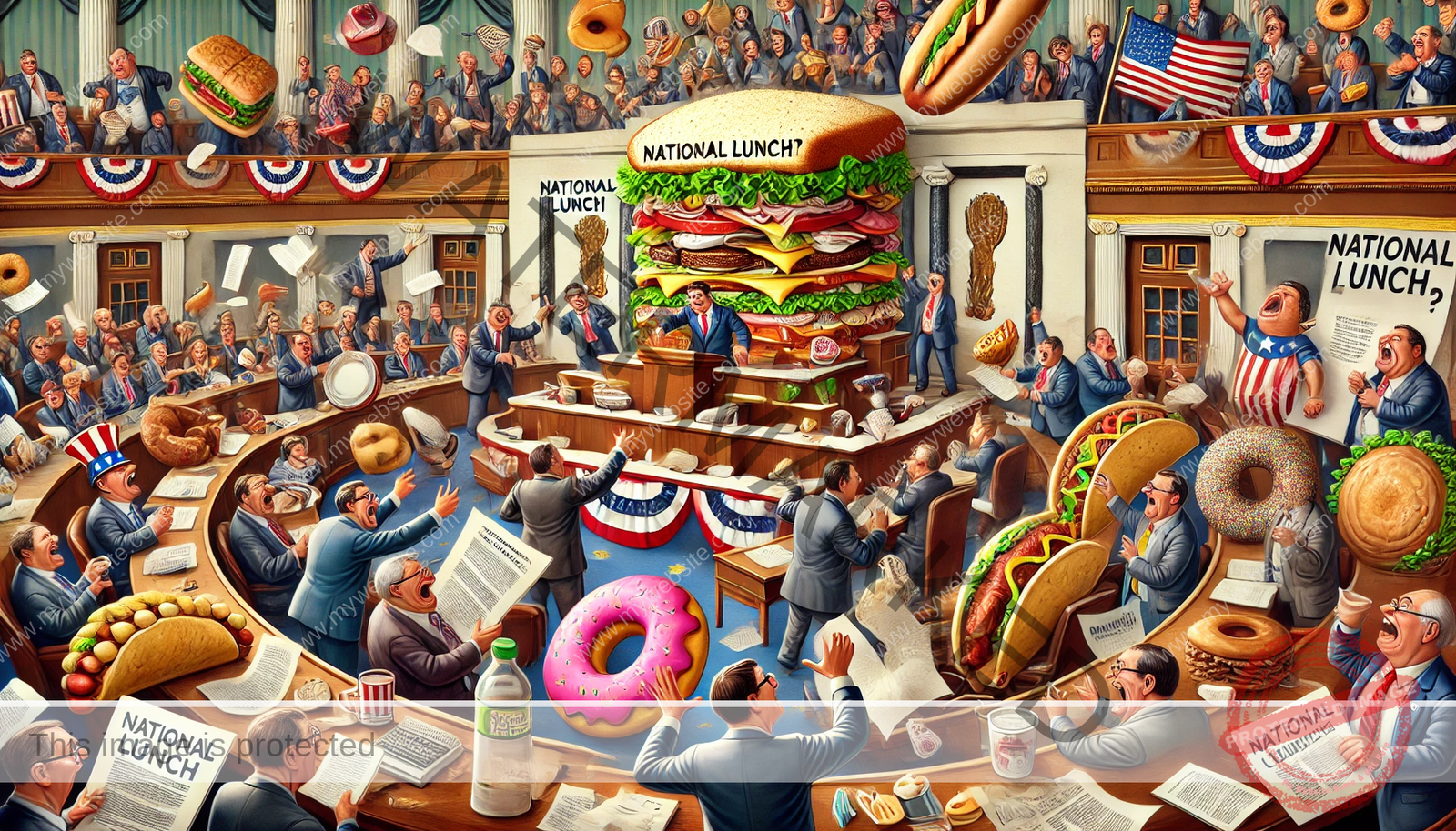 whimsical and colorful featured image for your satirical congressional debate story! It captures the playful chaos of the scene with lawmakers, giant sandwiches.