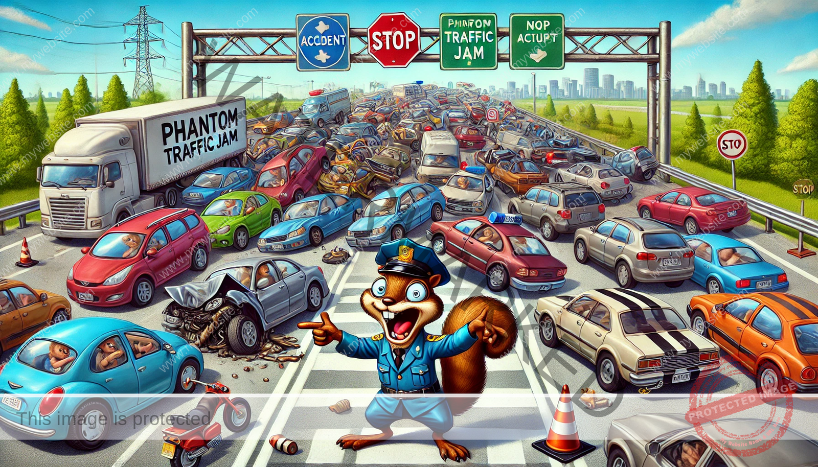 featured image illustrating the “Phantom Traffic Jam” article with a humorous and cartoonish touch