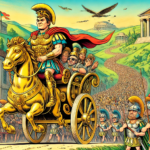 Here’s the visual for General Titus Brutus leading his army toward Rome, blending satire with grandeur.