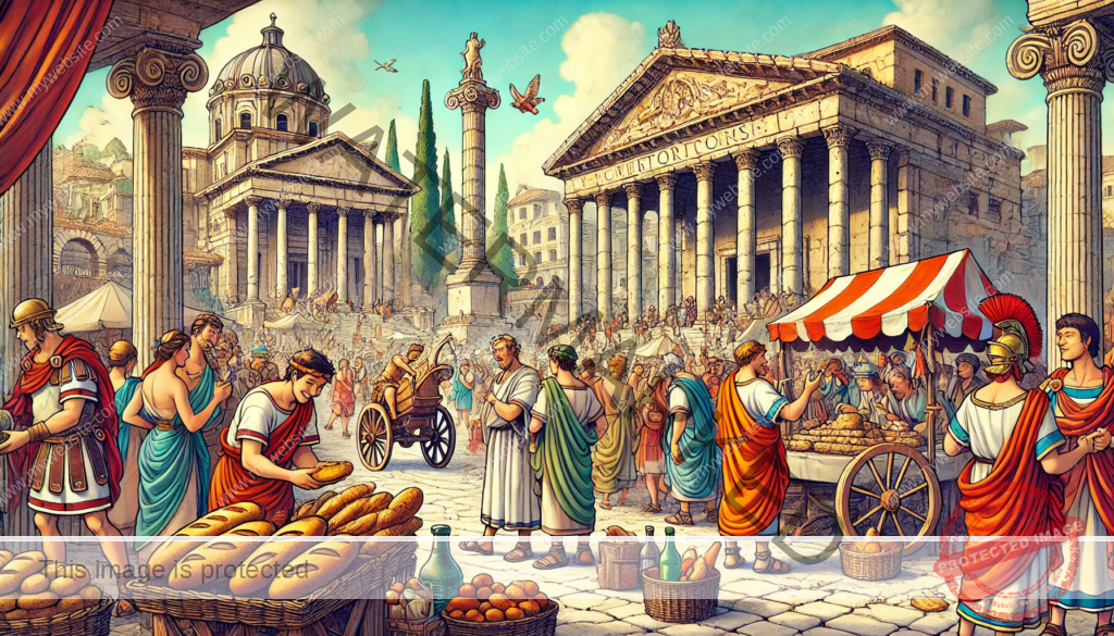 Here’s the lively depiction of a bustling Roman forum, full of satirical and chaotic energy to capture the spirit of “bread and circuses.”