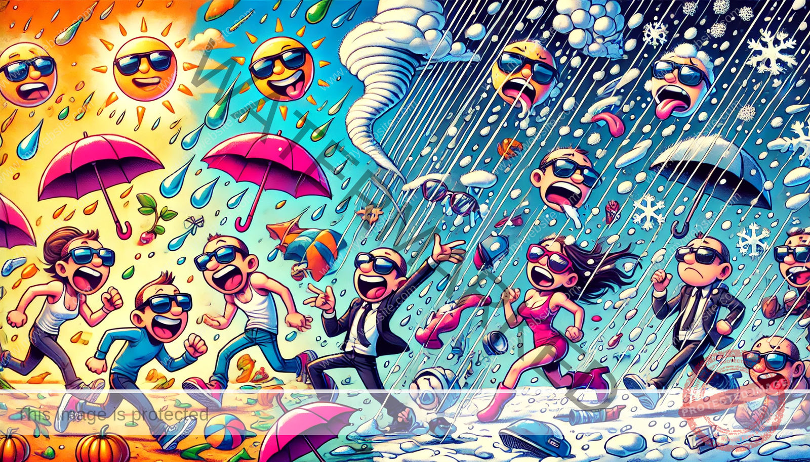 A vibrant and humorous widescreen illustration capturing chaotic weather happening all at once. One side of the image is bright and sunny with people wearing sunglasses, while another side is drenched in heavy rain with umbrellas flipping inside out. Snow falls in one corner, while a small tornado swirls up random objects in another. The playful, exaggerated scene perfectly showcases the madness of experiencing every kind of weather at the same time in a fun, cartoonish style.