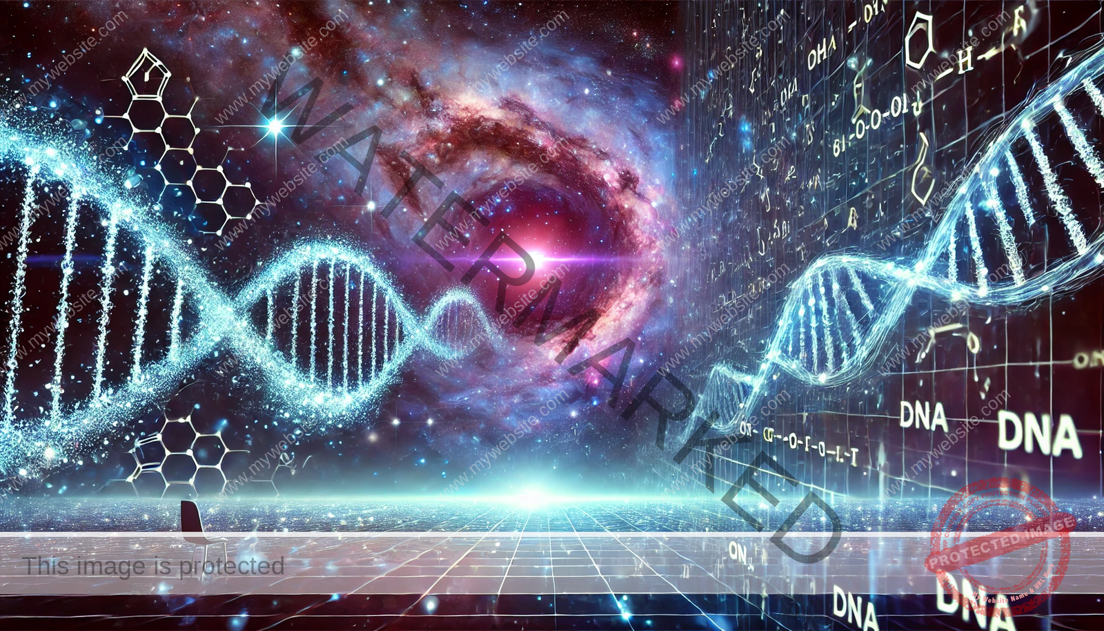 A surreal cosmic scene depicting DNA helixes intertwining with glowing mathematical equations, stretching across a galaxy, hinting at the idea of the universe as a coded system.