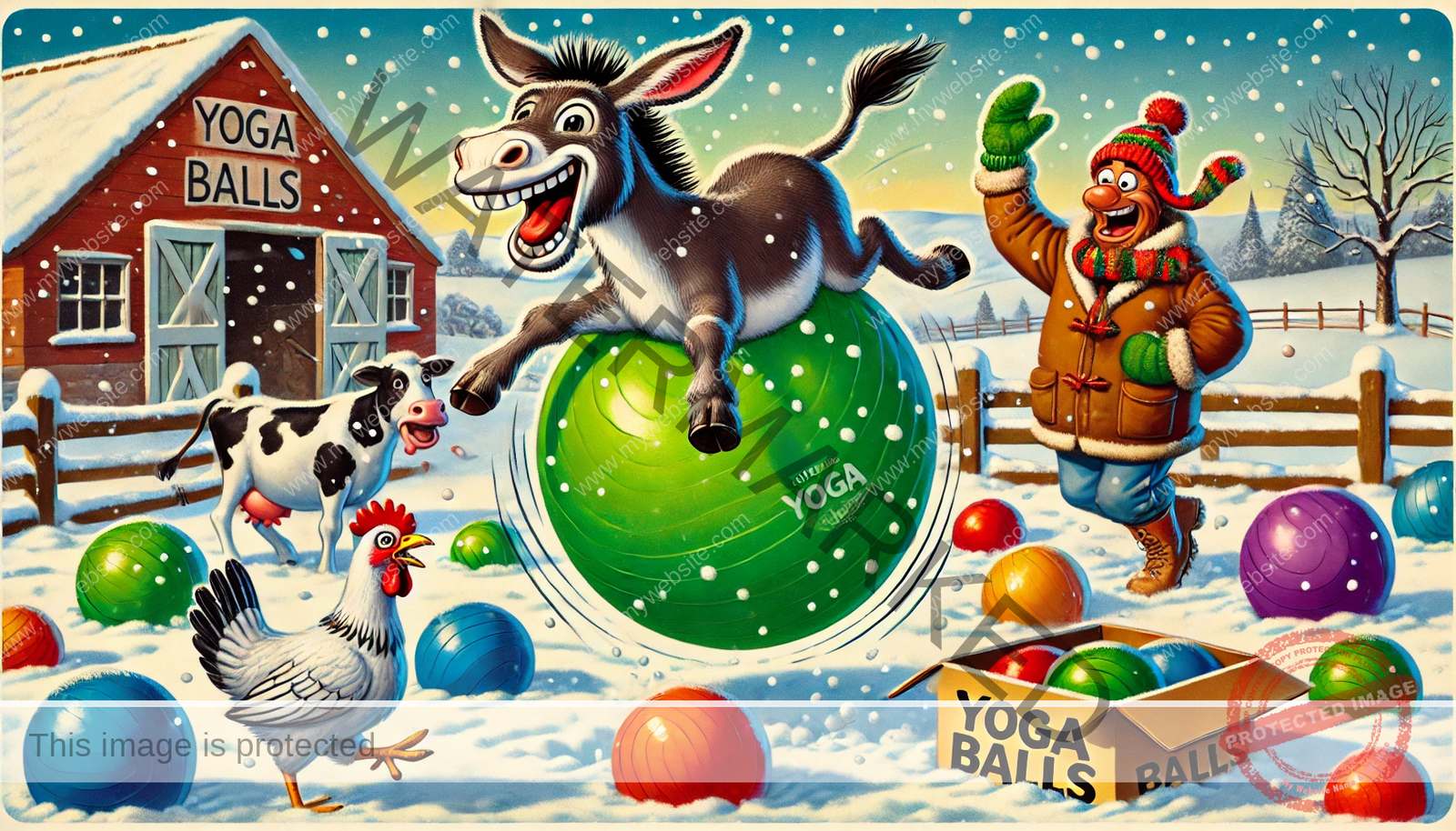 Cartoon of Monty the donkey bouncing on a yoga ball in a snowy farmyard, surrounded by colorful yoga balls, a startled chicken, a confused cow, and a farmer holding an empty box.