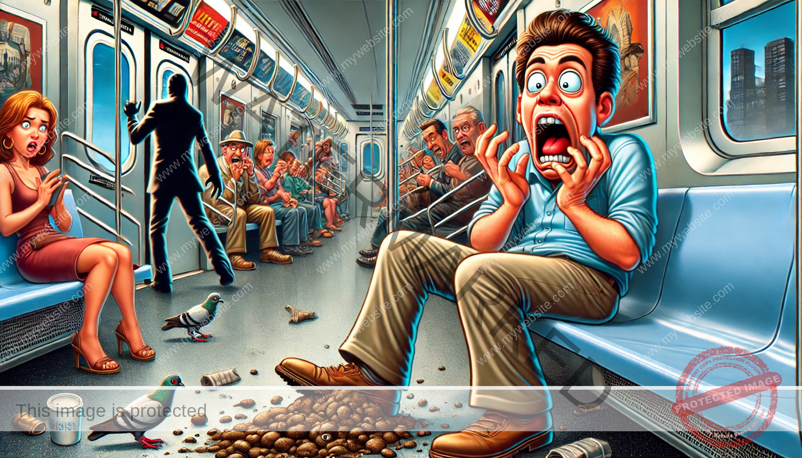 A humorous and exaggerated widescreen digital illustration of a shocked subway rider frozen in horror after realizing they have just sat in something terrible. Their face is filled with disbelief and disgust. In the chaotic background, confused passengers react, a shadowy figure mysteriously flees the crime scene, and a suspicious pigeon watches from a nearby seat. The scene is vibrant, cartoonish, and packed with comedic detail, capturing the absurdity of public transit gone wrong.