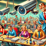 Cartoonish dystopian office filled with employees under heavy surveillance by large security cameras. A grinning man in a blue suit monitors them with a remote, symbolizing government and corporate control.