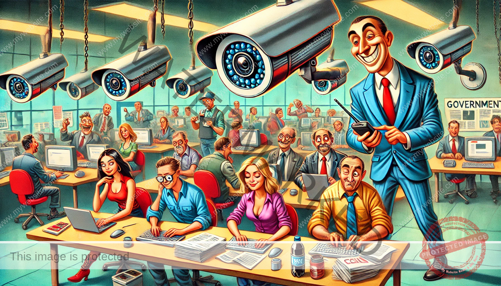 Cartoonish dystopian office filled with employees under heavy surveillance by large security cameras. A grinning man in a blue suit monitors them with a remote, symbolizing government and corporate control.