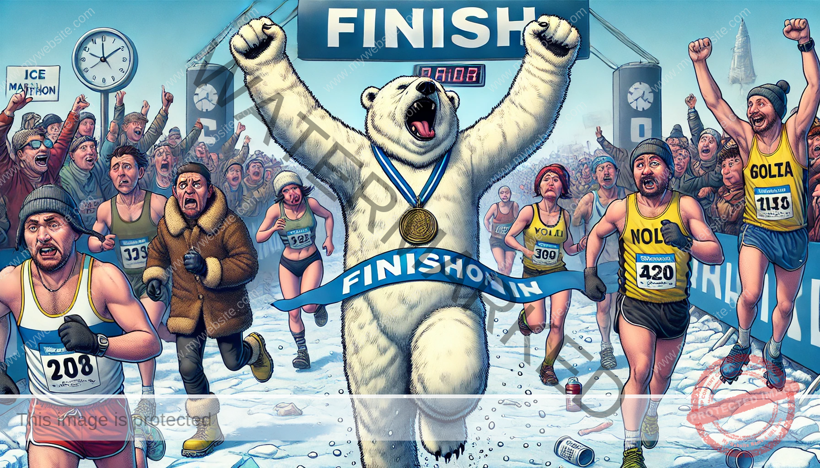 Man Runs Ice Marathon Dressed as a Polar Bear—Because Why Not?” 🐻‍❄️🏃‍♂️😂 The victorious polar bear runner crosses the finish line while exhausted and confused competitors look on!