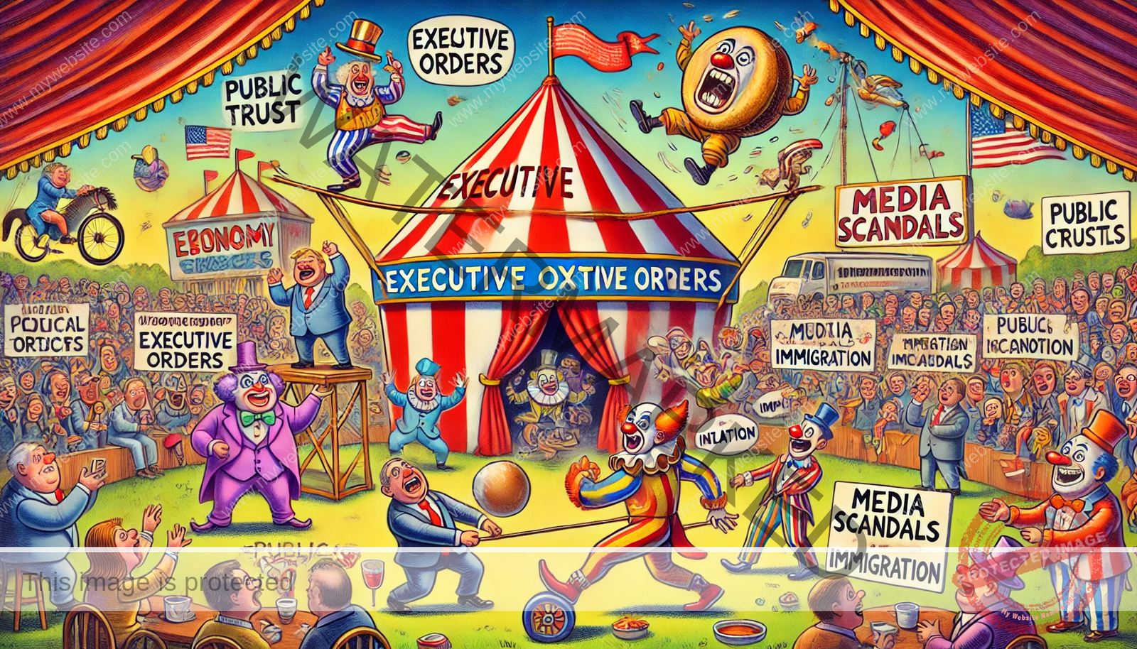 A cartoon illustration of a political circus, with politicians balancing on a tightrope labeled “Public Trust,” clowns throwing pies, and chaotic performances under a big-top tent.