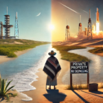 A man in traditional clothing stands at the divide between two worlds: one with open land and a space station, the other with a private property sign and rocket launches. The image symbolizes technological disparity, borders, and access to the future.