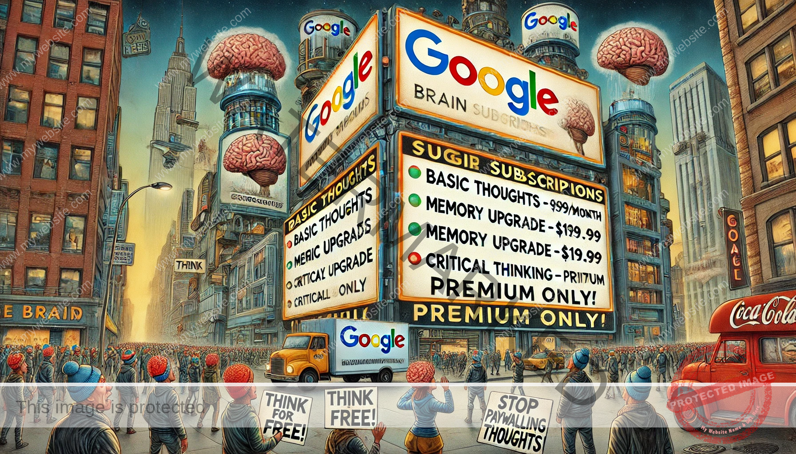 A satirical, exaggerated cartoon of a dystopian future where Google controls human thoughts through a paid subscription service. A massive billboard displays Google Brain Subscription tiers, while confused people struggle to think without their plans. Rebels protest with signs saying “THINK FOR FREE!”