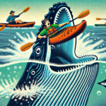 Illustration of a kayaker in an orange kayak being nearly swallowed by a massive whale emerging from the ocean, with two other kayakers watching from a distance. The scene is action-packed with splashing water and bubbles.