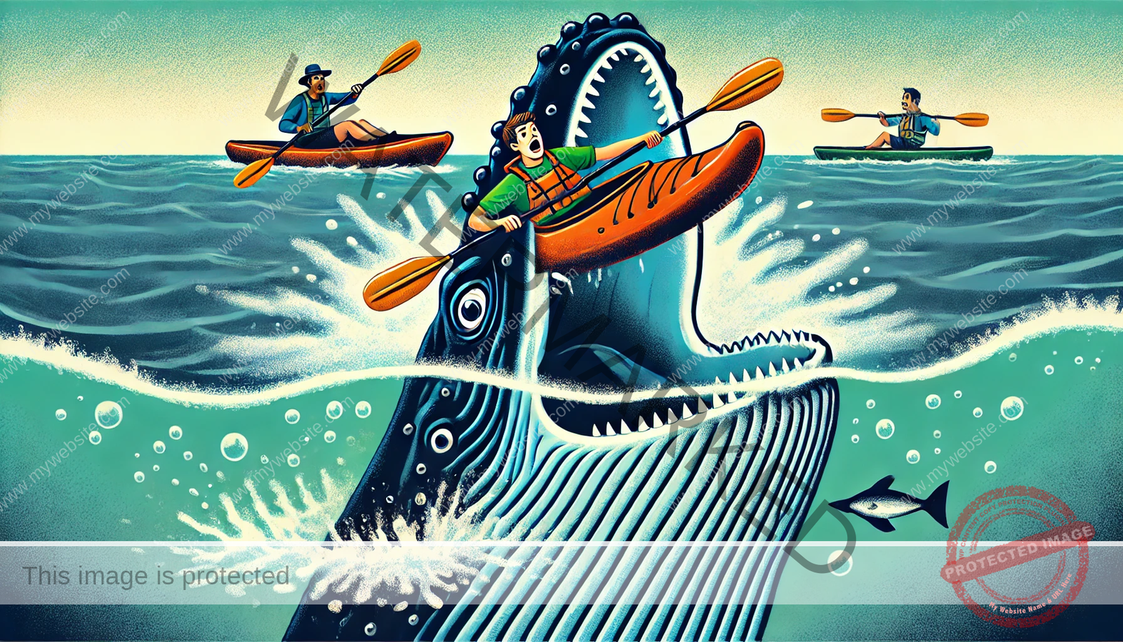 Illustration of a kayaker in an orange kayak being nearly swallowed by a massive whale emerging from the ocean, with two other kayakers watching from a distance. The scene is action-packed with splashing water and bubbles.