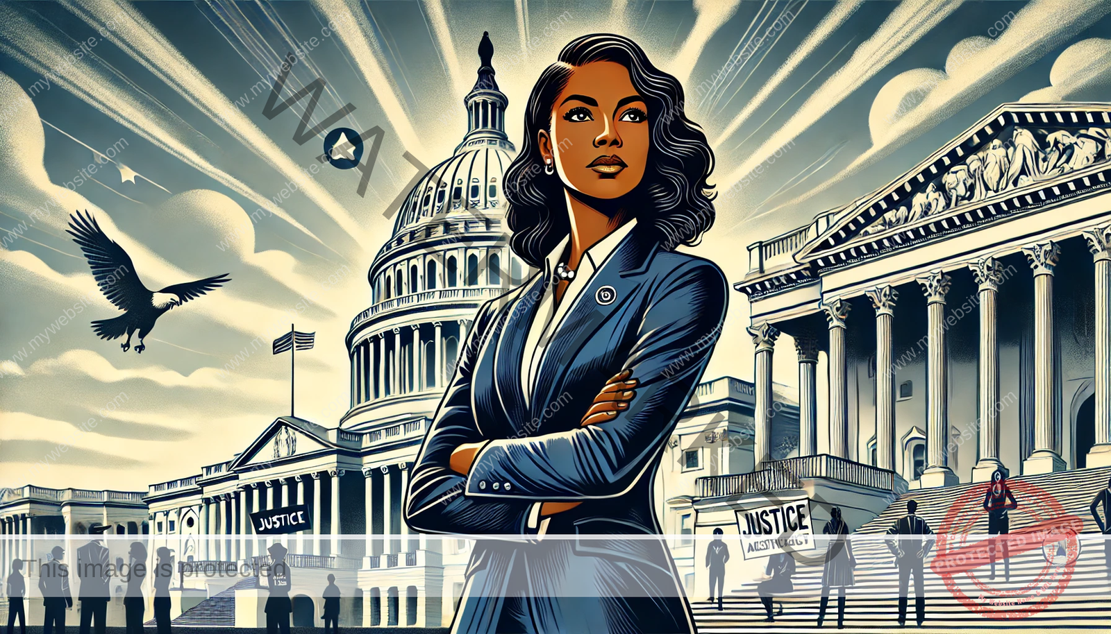 Illustration of Congresswoman Jasmine Crockett standing confidently on the steps of the U.S. Capitol, dressed in a sharp suit, with a determined expression. The background features a dramatic sky, symbolizing change and progress, with visual elements representing justice, activism, and democracy.