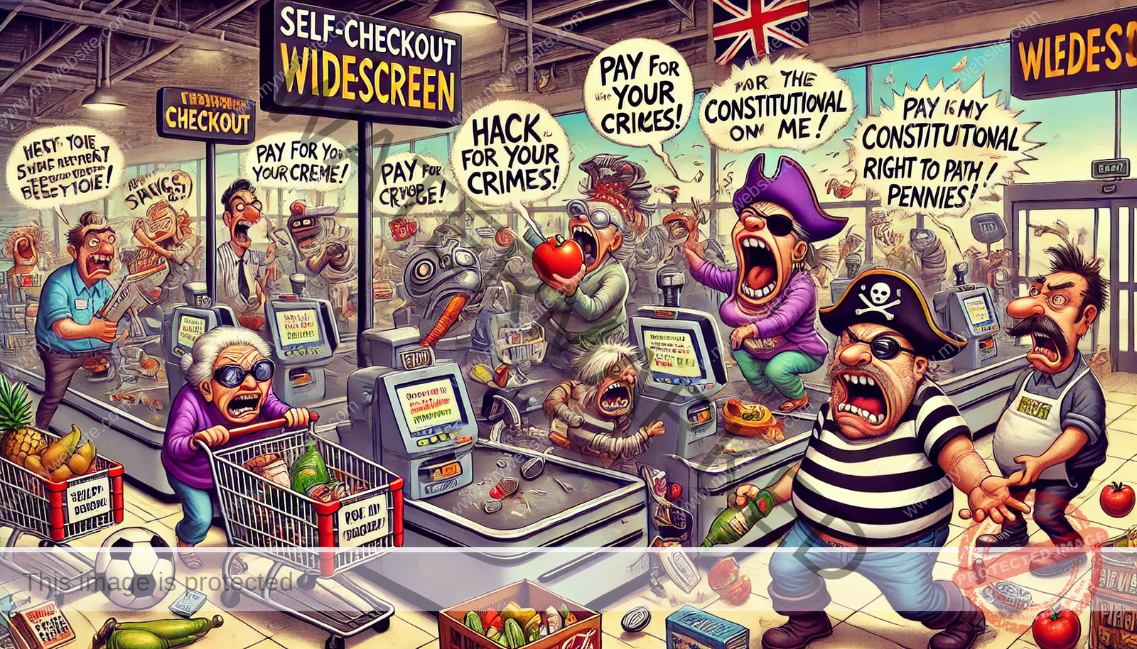 A hilarious, exaggerated cartoon of a chaotic self-checkout rebellion in a grocery store. Self-checkout machines are malfunctioning, flashing ridiculous error messages, and accusing shoppers of theft. A frustrated customer slams an item on the scanner, an elderly woman throws a tomato at a machine, and a man in a “Don’t Tread on Me” shirt argues about his right to pay in pennies. A single exhausted cashier watches in the background, shaking their head in defeat.