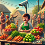 6-year-old Leo smiling while running his fruit and vegetable stand in Gatton, Australia, surrounded by a supportive community.