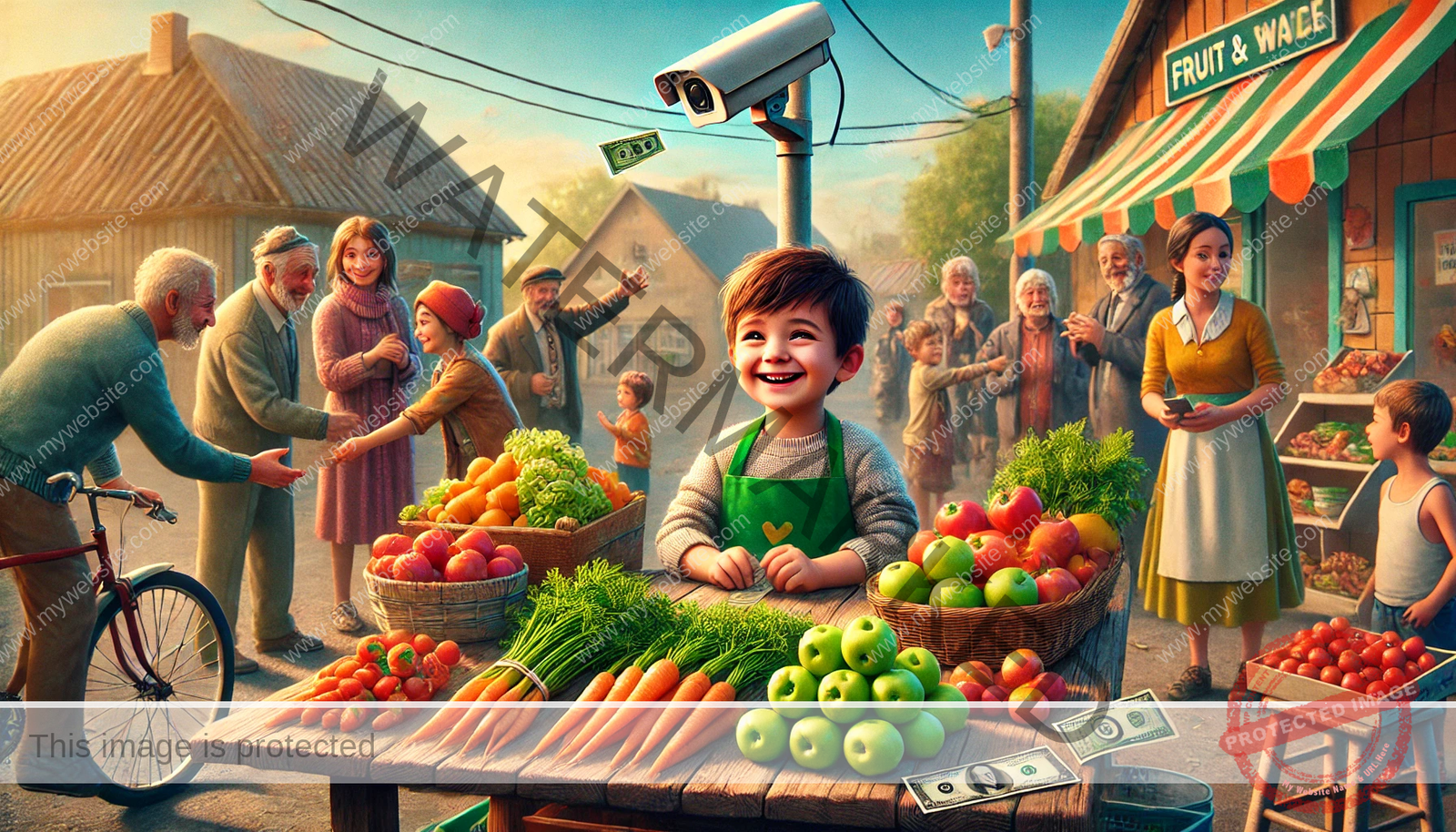 6-year-old Leo smiling while running his fruit and vegetable stand in Gatton, Australia, surrounded by a supportive community.