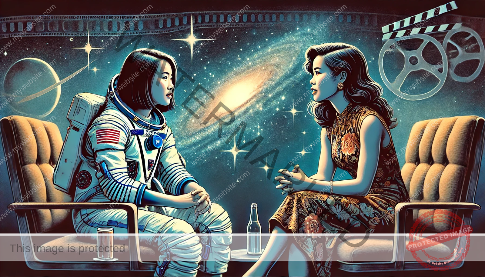 Amanda Nguyen and Kieu Chinh in deep conversation, with a cosmic starry background and a film reel motif, representing their influence in space and Hollywood.