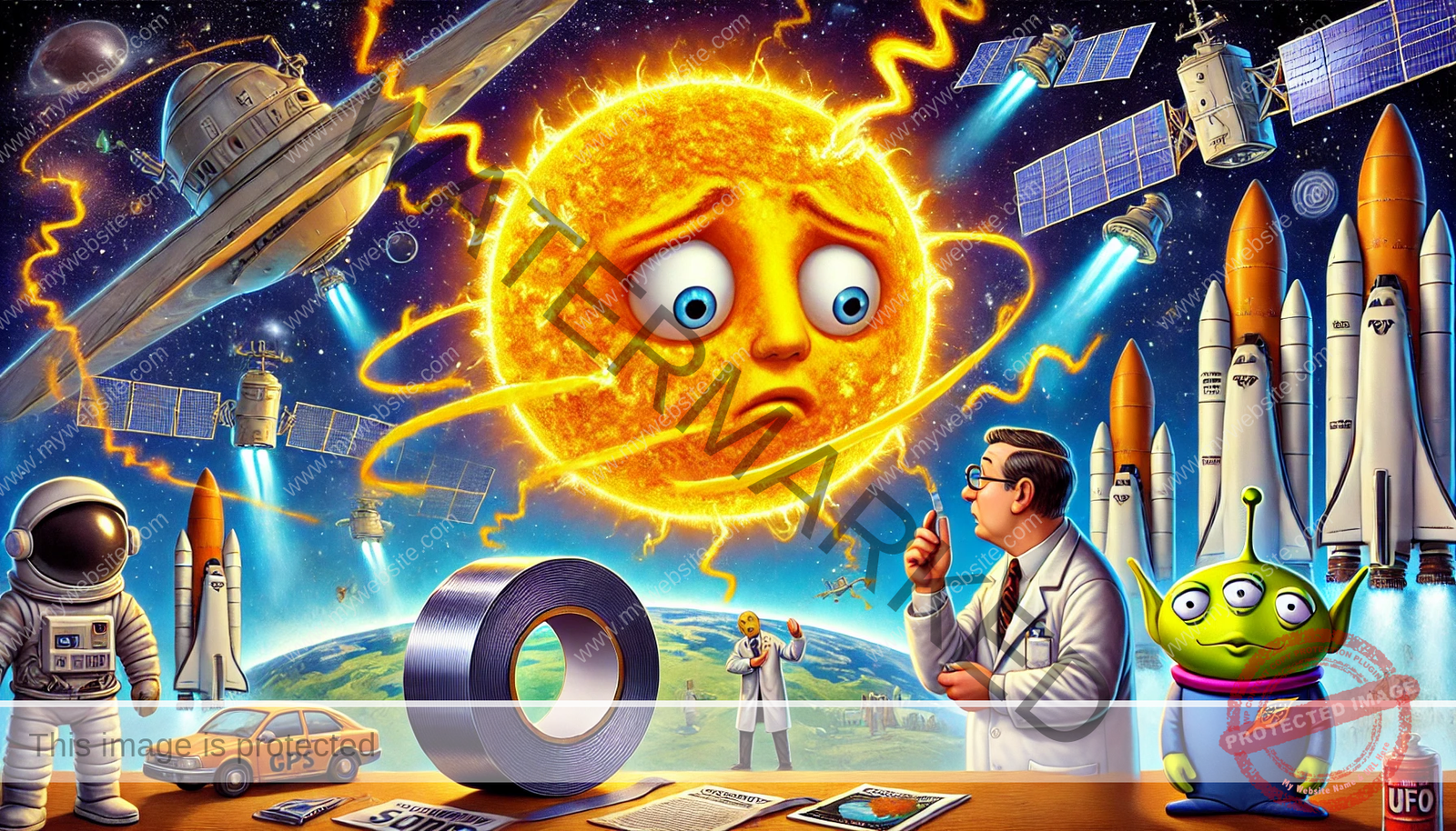 quirky, cosmic chaos, with a worried Sun, blasting solar wind, spinning satellites, and scientists debating how to fix it with duct tape—all while an alien watches suspiciously.