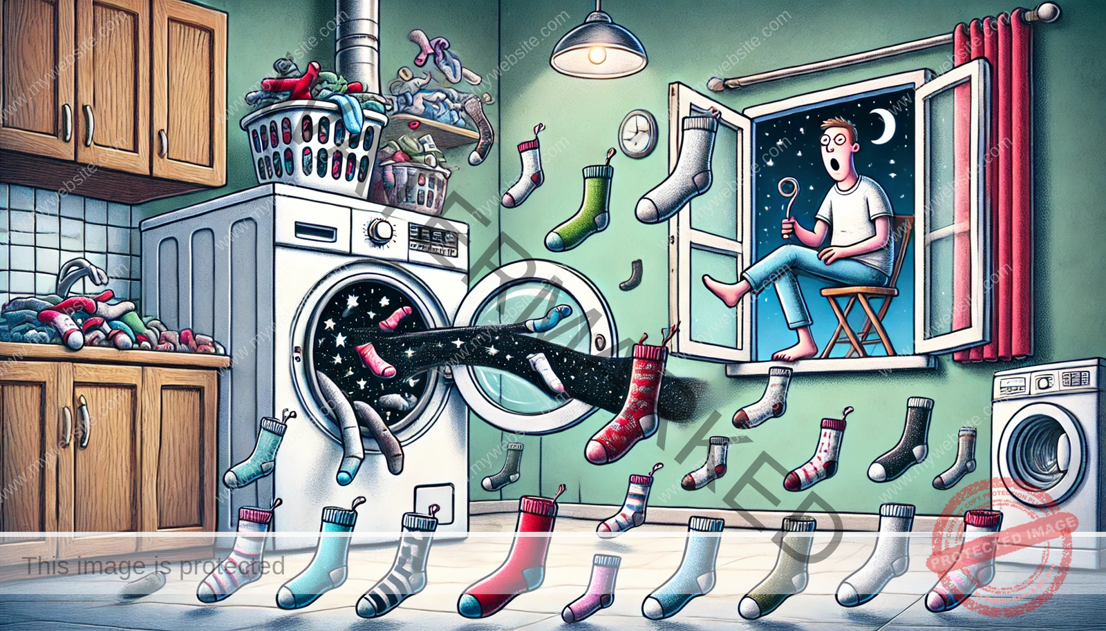 A chaotic laundry room scene with socks mysteriously disappearing in all directions, featuring a wormhole, parachuting sock, and secret agent-style sock escape.