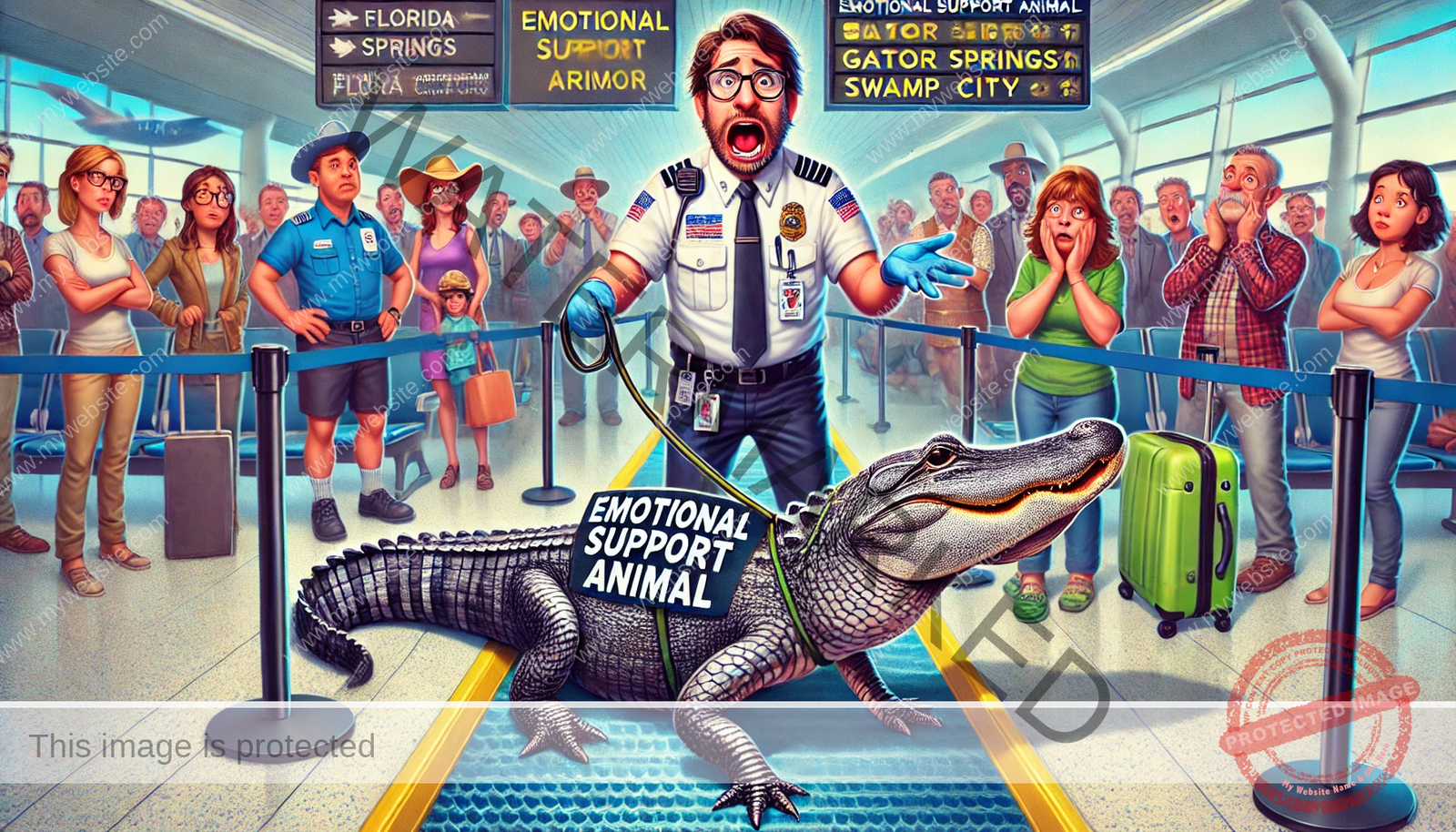 A confident Florida man presents his emotional support alligator at TSA security, while stunned passengers react in shock and confusion.