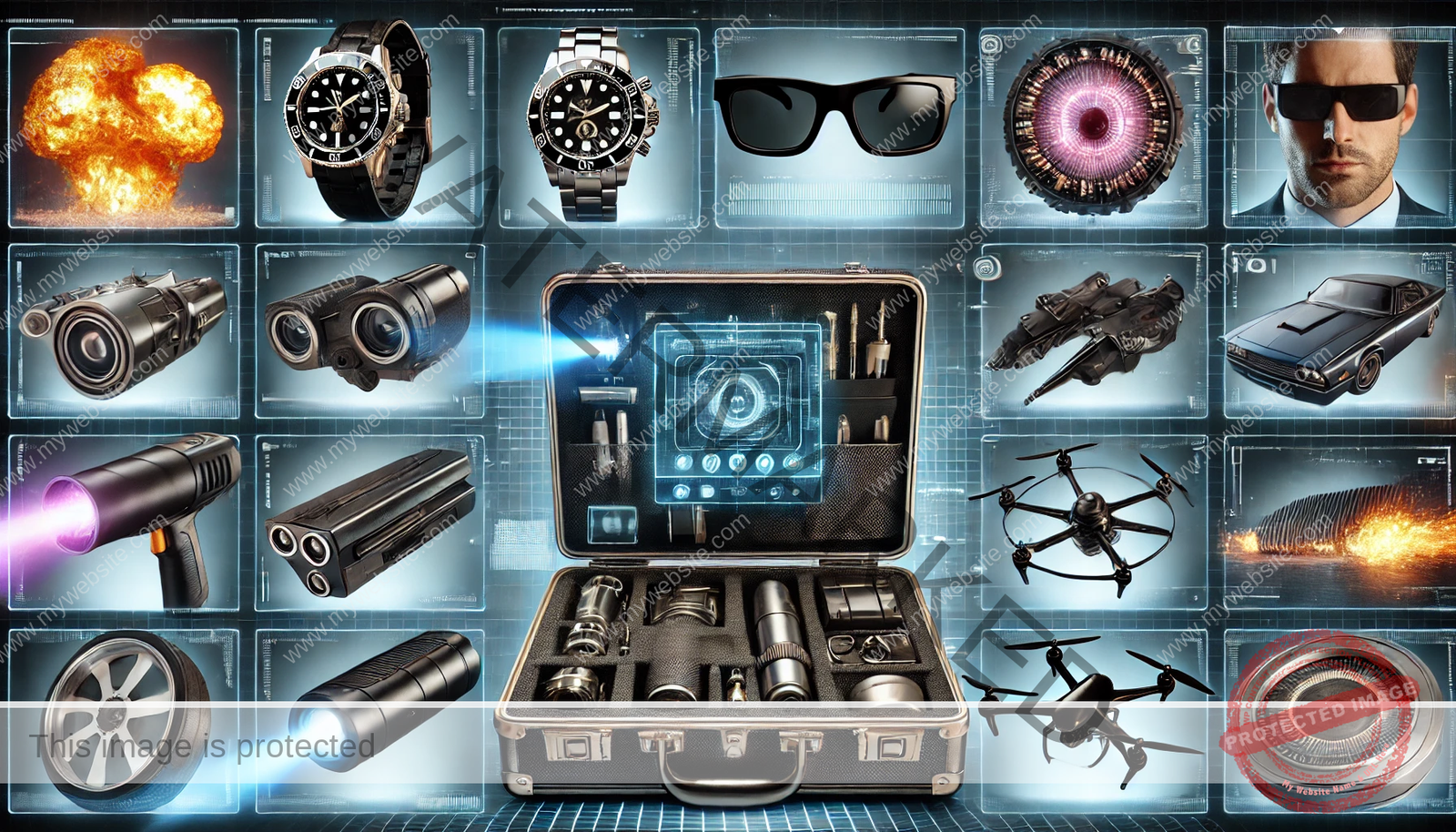 A high-tech montage of fictional spy gadgets, including a laser wristwatch, briefcase with secret compartments, futuristic sunglasses, a tiny microphone, an exploding pen, and a stealth drone, set against a glowing blue holographic spy laboratory.