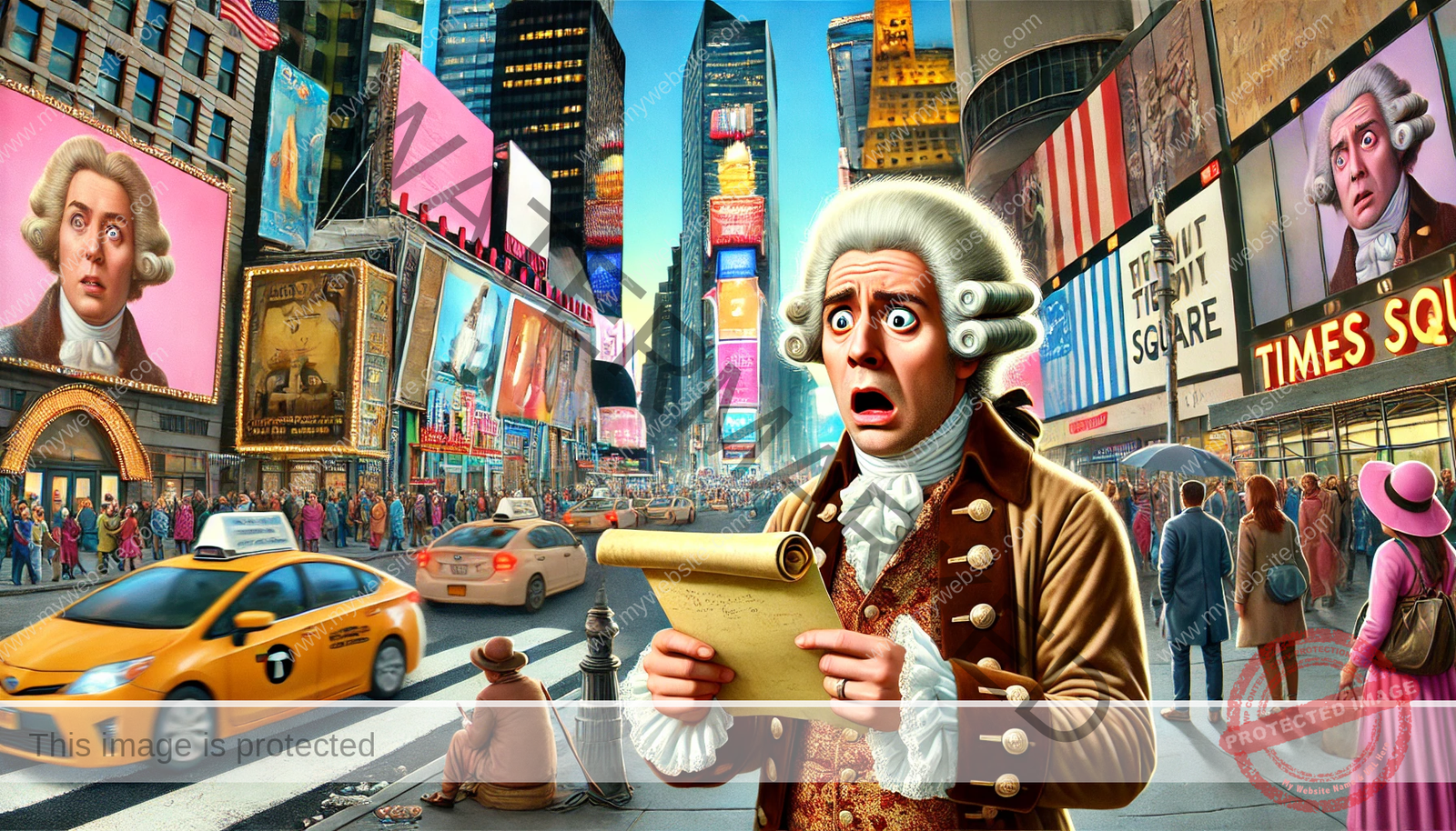 A bewildered 18th-century time traveler stands in Times Square, horrified by glowing billboards, honking cars, and people glued to their smartphones.