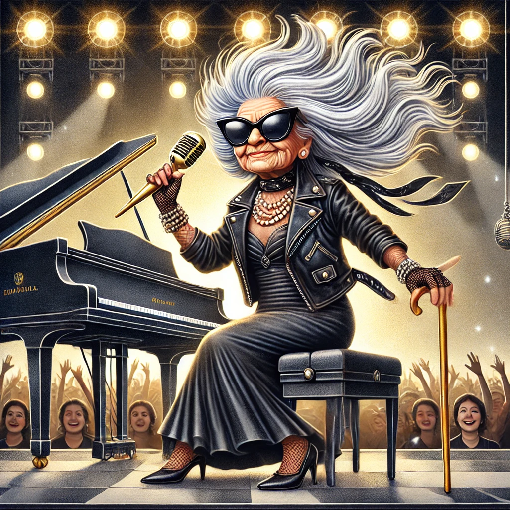 A 100-year-old female pianist as a rockstar, complete with wild silver hair, sunglasses, and a grand piano transformed into an electric stage.